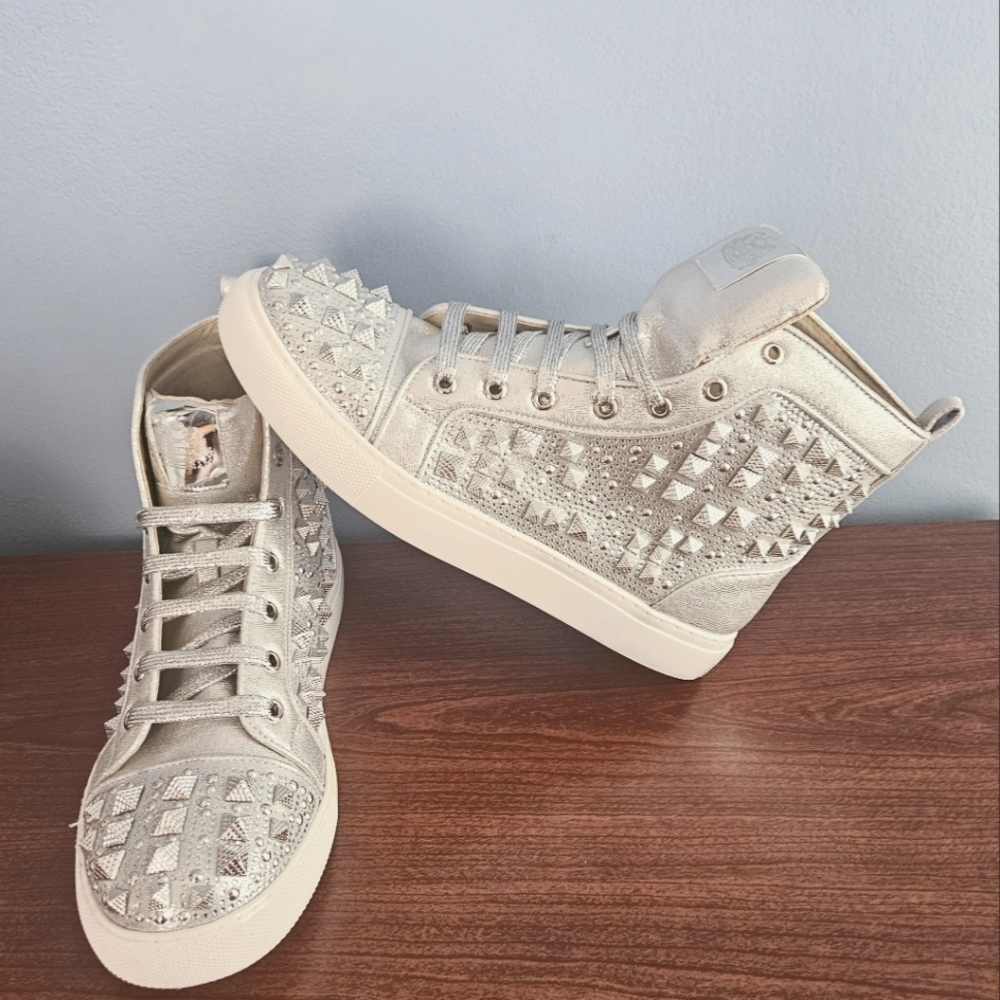 PARRAZO Metallic Silver Studded High-Top Sneakers Size 9.5 NWOT UNISEX